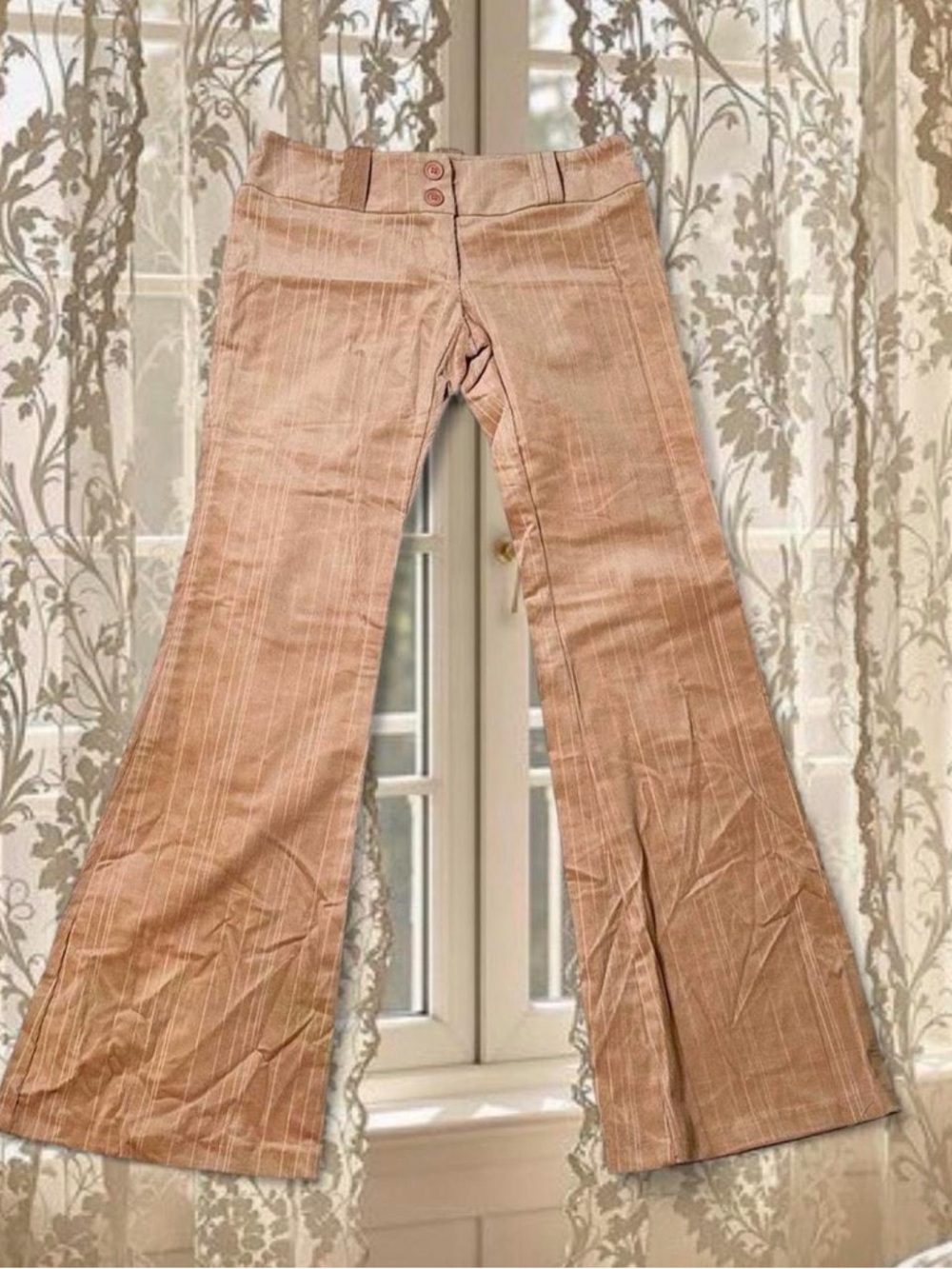 Vintage Y2K Deadstock Tan Striped Corduroy Low-rise Flare Pants